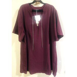 New Bloomchic Blouse 12 Bling-Tie Womens Shirt Burgundy Maroon Short Sleeve NWT